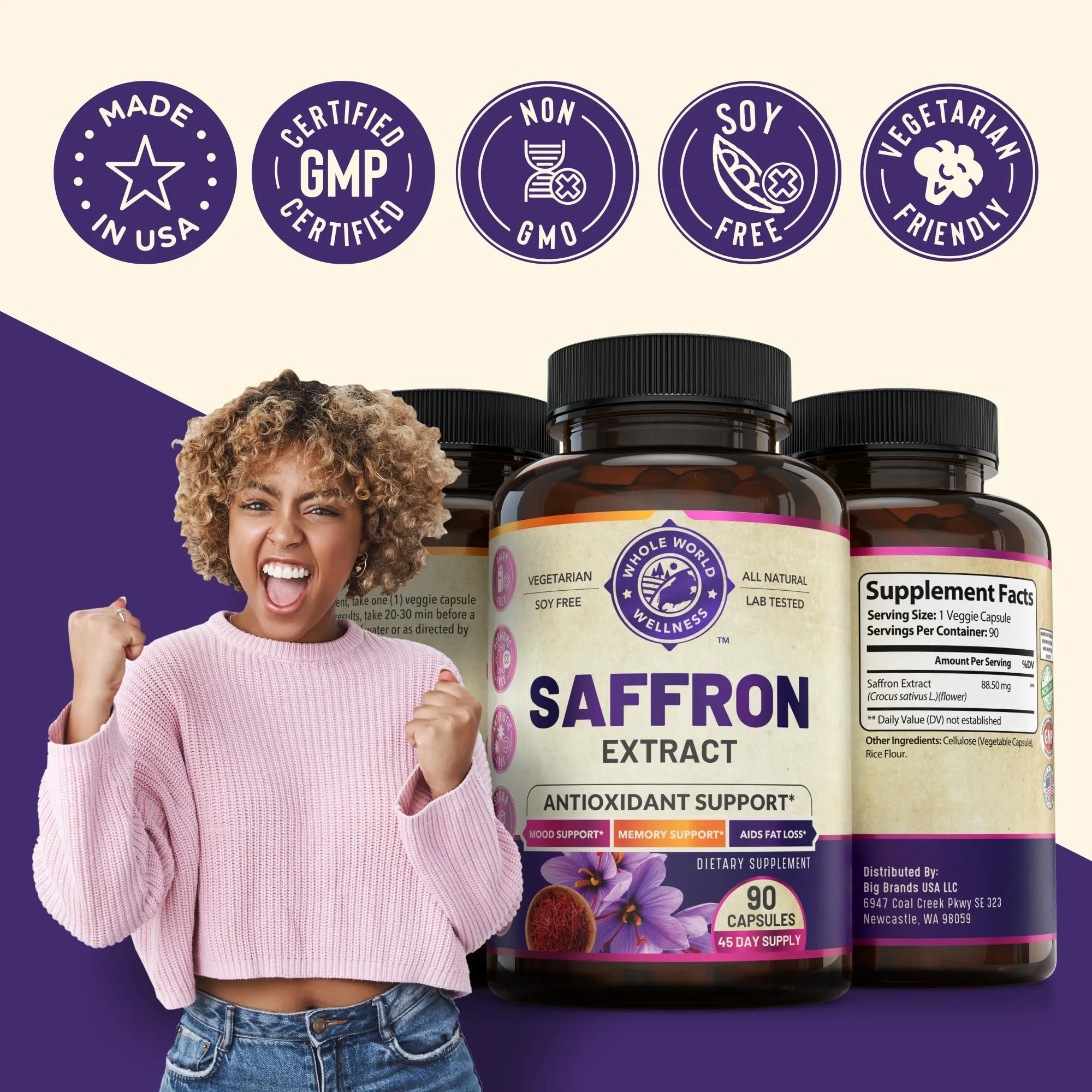 100% Pure Saffron Extract - Metabolism Booster & Natural Appetite Suppressant for Weight Loss. Saffron Mood Enhancer for Women & Men, Natural Diet Pills for Women & Men. USA Made, 90 Servings.