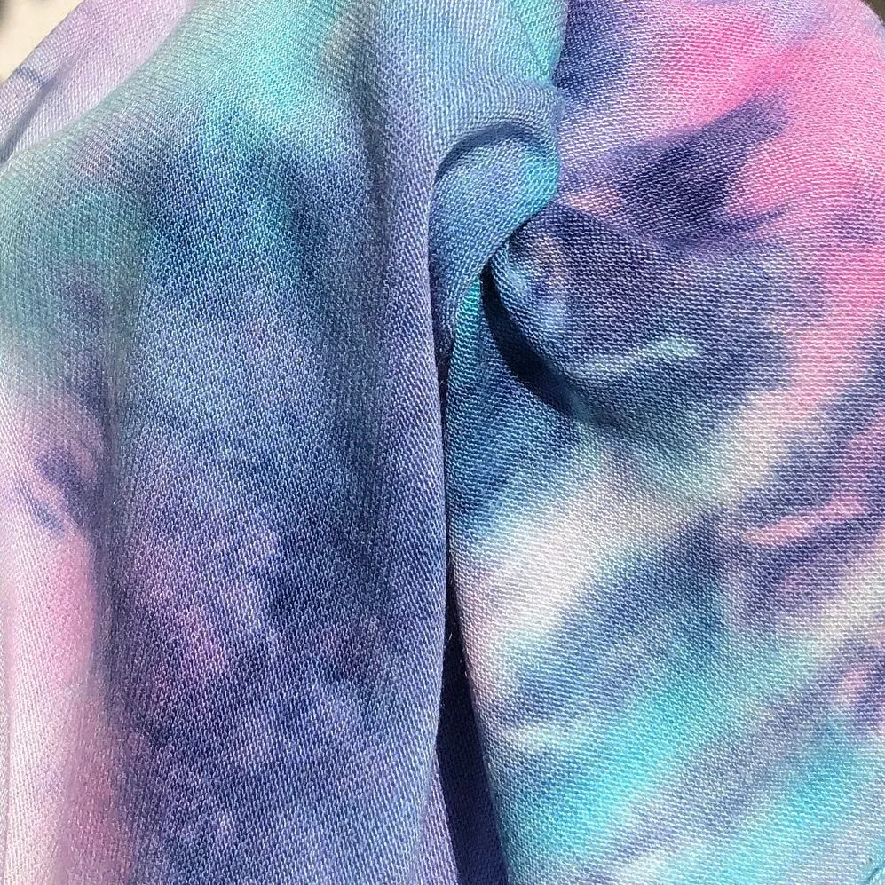 60” Bamboo Spandex  Stretch Tie Dyed Cotton Candy Blue & Pink Apparel Knit Fabric By the Yard