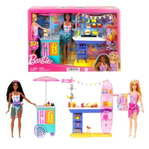 Barbie Beach Boardwalk Playset With Barbie “Brooklyn” & “Malibu” Dolls, 2 Stands & 30  Accessories