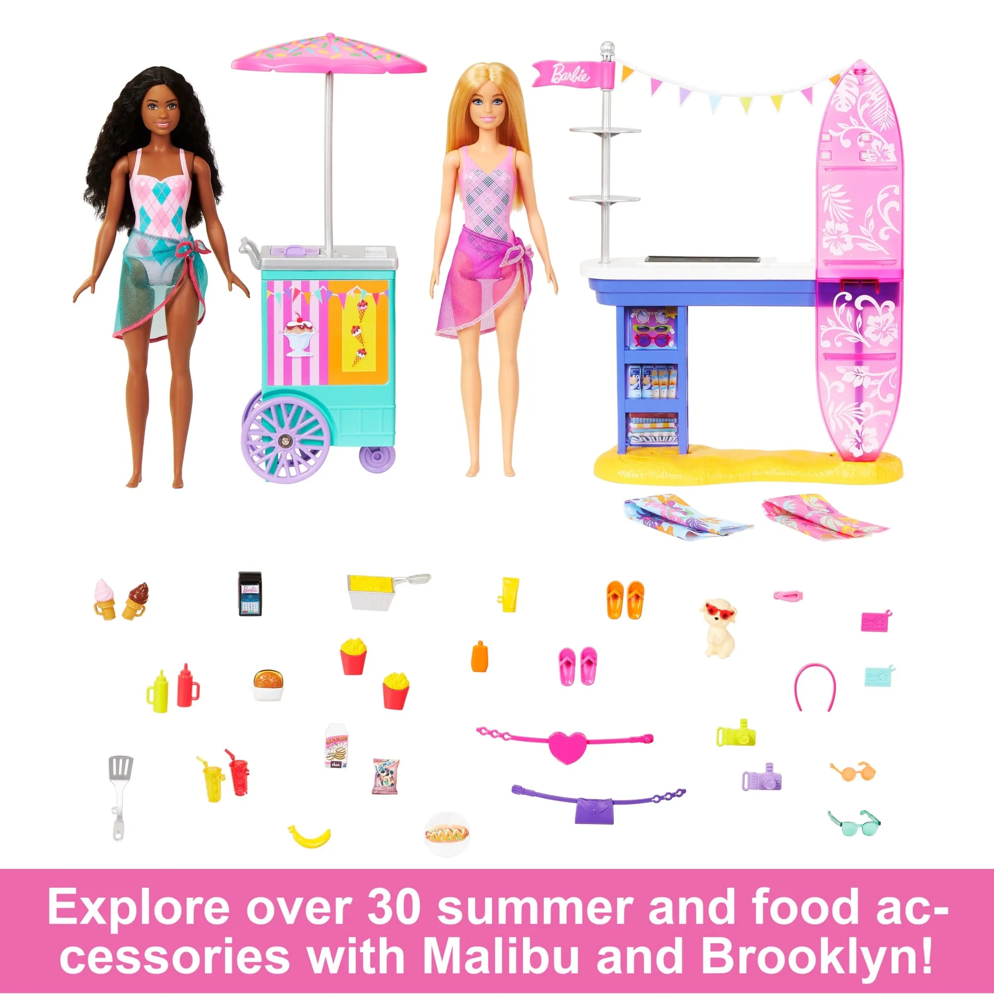 Barbie Beach Boardwalk Playset With Barbie “Brooklyn” & “Malibu” Dolls, 2 Stands & 30  Accessories