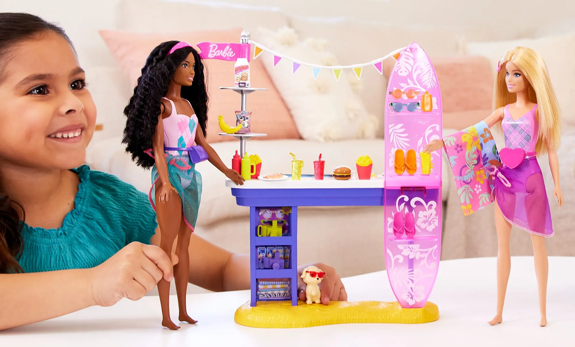 Barbie Beach Boardwalk Playset With Barbie “Brooklyn” & “Malibu” Dolls, 2 Stands & 30  Accessories