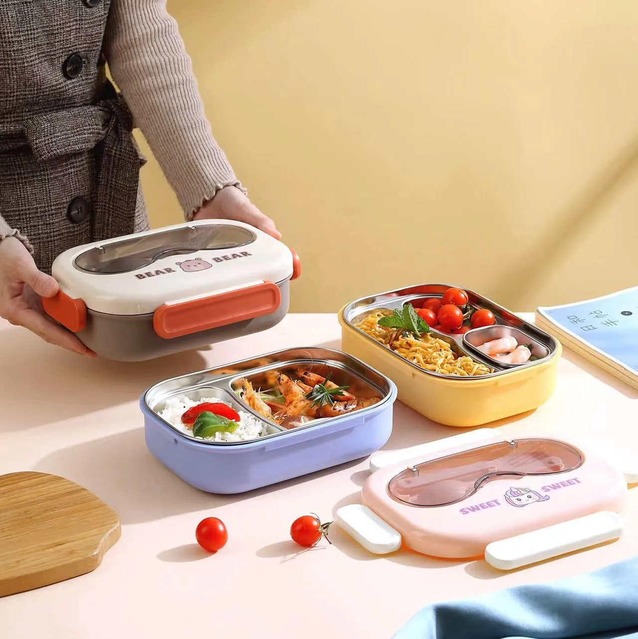 Cute Cartoon Bento - Stainless Steel Lunch Box with Spoon and Sauce Bowl for Kids