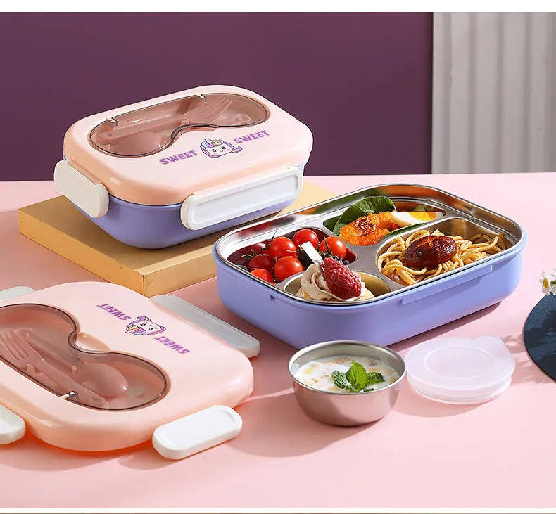 Cute Cartoon Bento - Stainless Steel Lunch Box with Spoon and Sauce Bowl for Kids