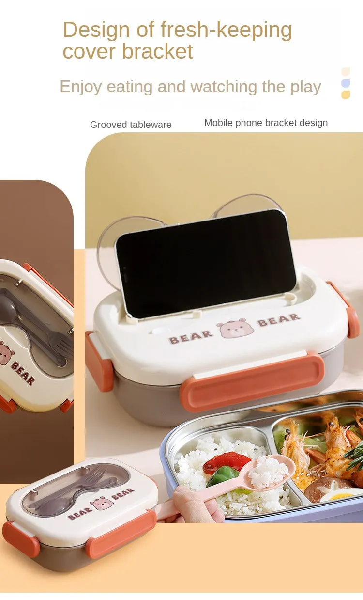 Cute Cartoon Bento - Stainless Steel Lunch Box with Spoon and Sauce Bowl for Kids