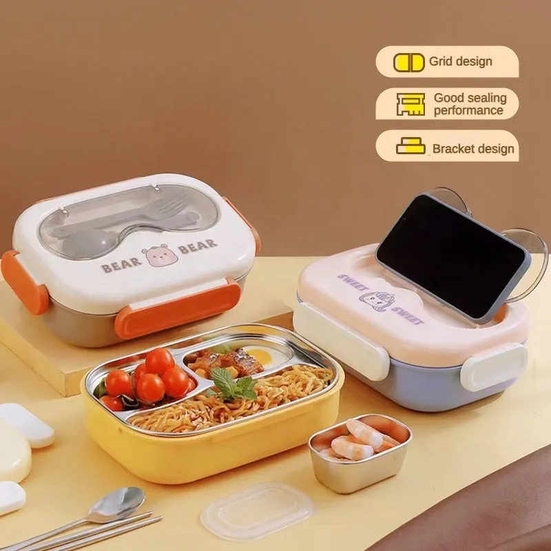 Cute Cartoon Bento - Stainless Steel Lunch Box with Spoon and Sauce Bowl for Kids