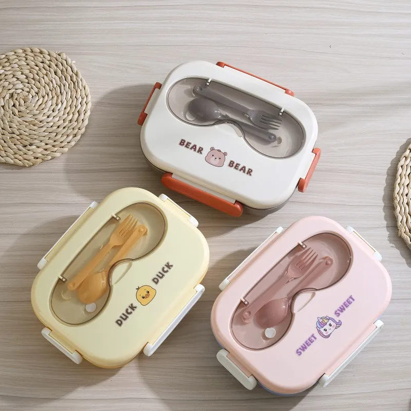 Cute Cartoon Bento - Stainless Steel Lunch Box with Spoon and Sauce Bowl for Kids