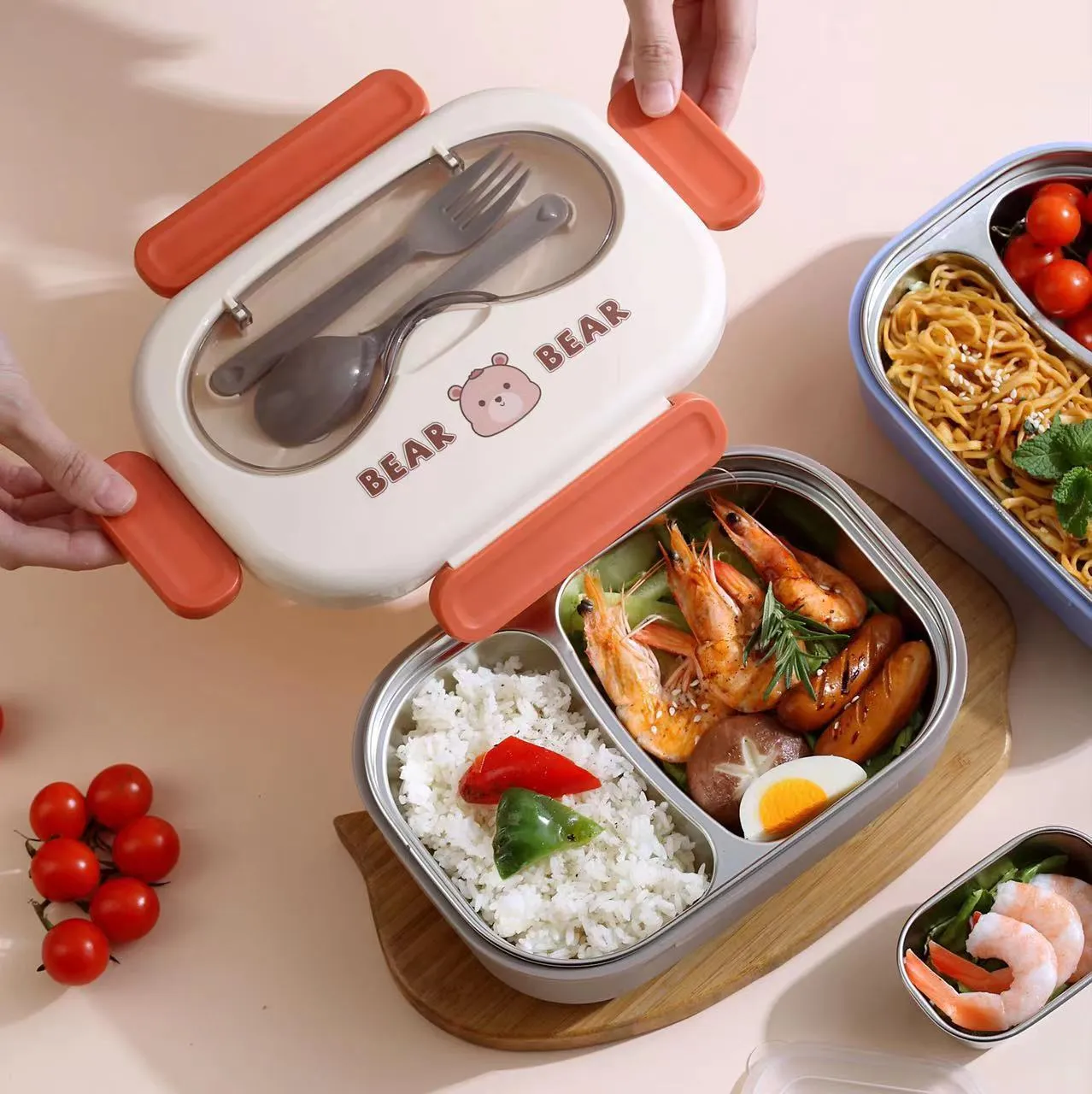 Cute Cartoon Bento - Stainless Steel Lunch Box with Spoon and Sauce Bowl for Kids