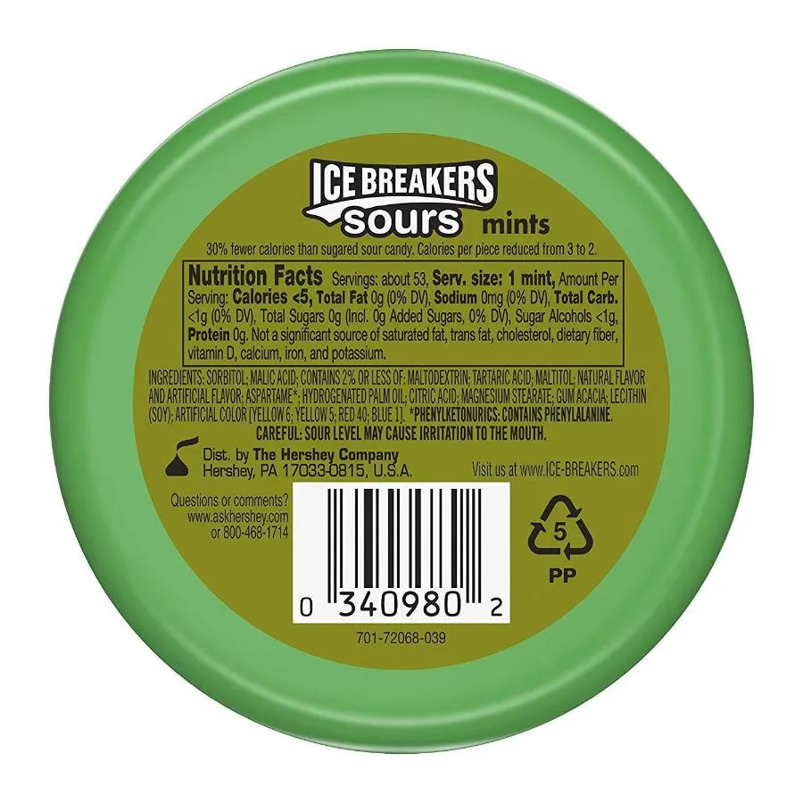 Ice Breakers Sours Sugar Free Mints, Watermelon, Green Apple, Tangerine - Pack of 8