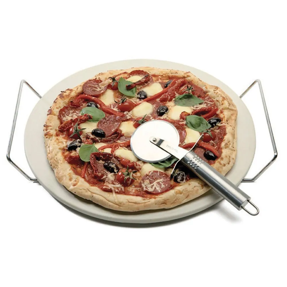 Pizza Stone 33Cm with Rack & Stainless Steel Cutter