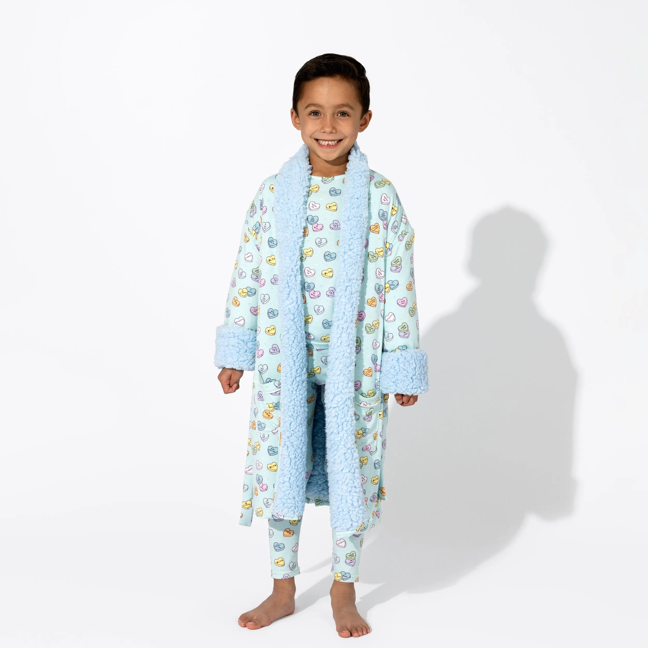 Valentine's Candy Hearts Blue Bamboo Kids Sherpa Robe