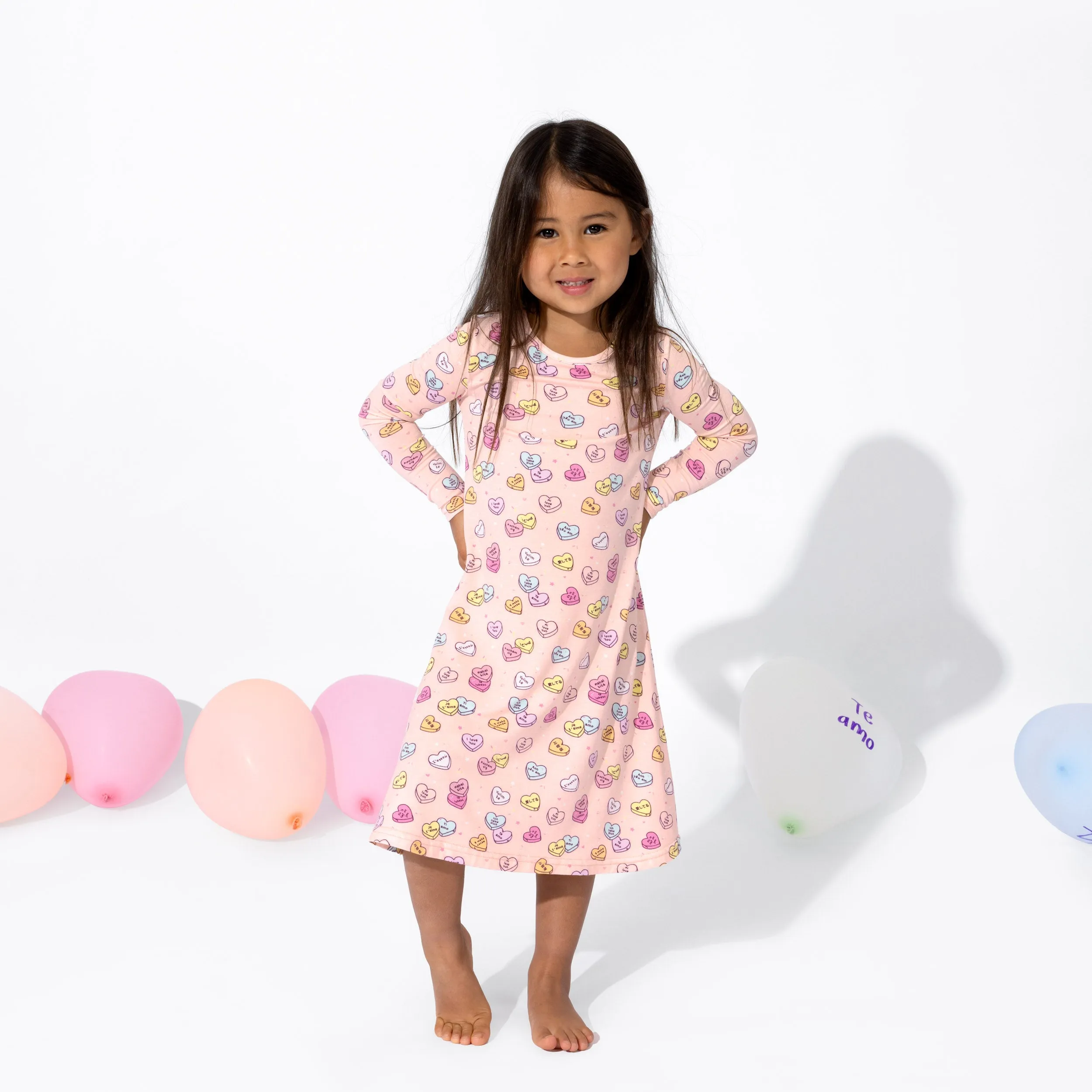 Valentine's Candy Hearts Pink Bamboo Girls' Long Sleeve Dress